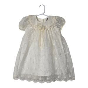 VTG Crayon Kids Dress Sz 24 Mo Ivory Chiffon Embroidered Lace Wedding Formal